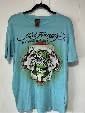 Ed Hardy Aqua Graphic Tee with Multicolor Tattoo Print